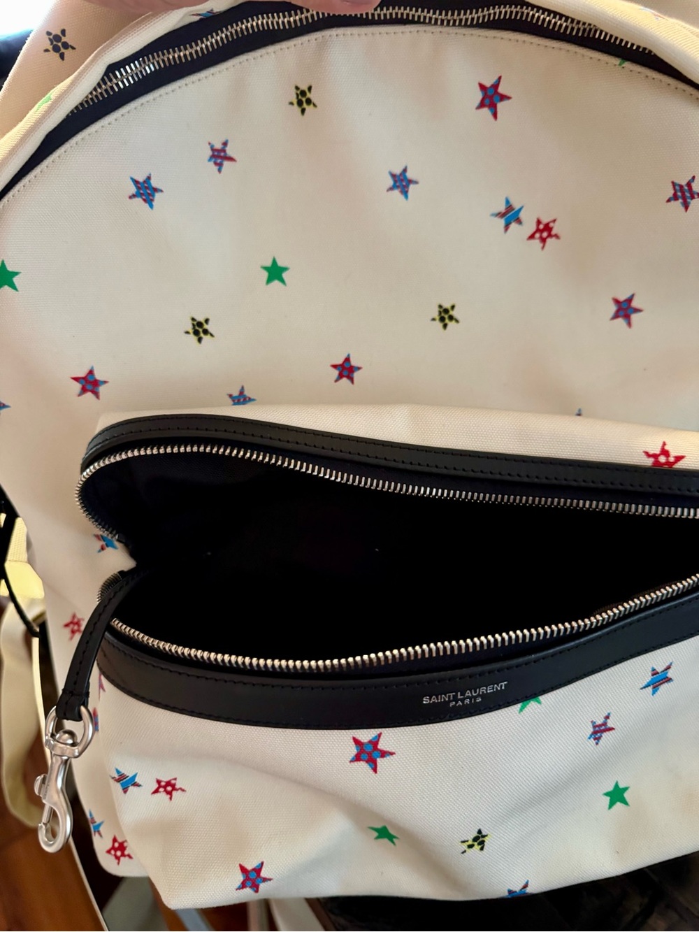 YSL ** Cream Canvas and Leather Backpack with Multicolor Star Motif - Picture 7 of 16